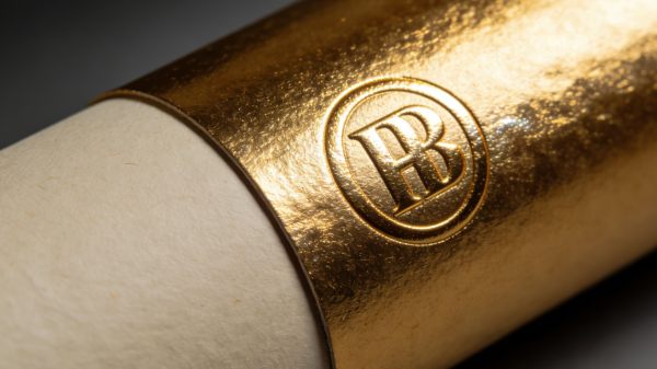 Close-up of paper tube packaging with gold foil stamping, embossing, textured paper, and spot UV finish
