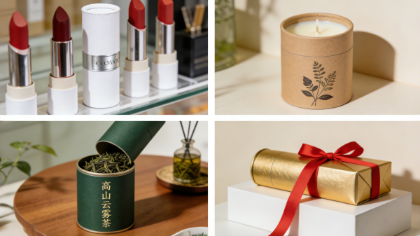 Custom paper tube packaging used for cosmetics, candles, and gift products displayed in a retail-style application scene