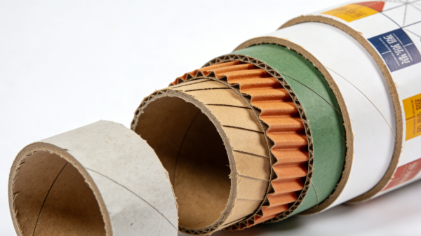 Cross section view of paper tube packaging showing spiral wound paperboard layers, outer printed wrap, and inner lining structure