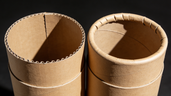 Comparison of straight edge paper tube and rolled edge paper tube packaging structures showing edge details and thickness
