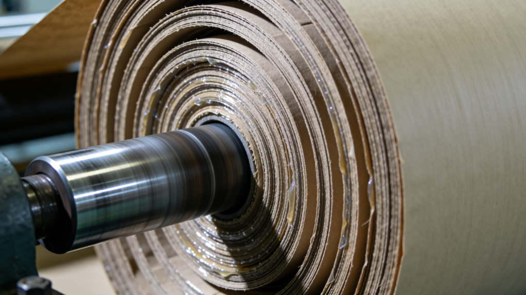Close-up of spiral winding process forming multilayer paper tube structure