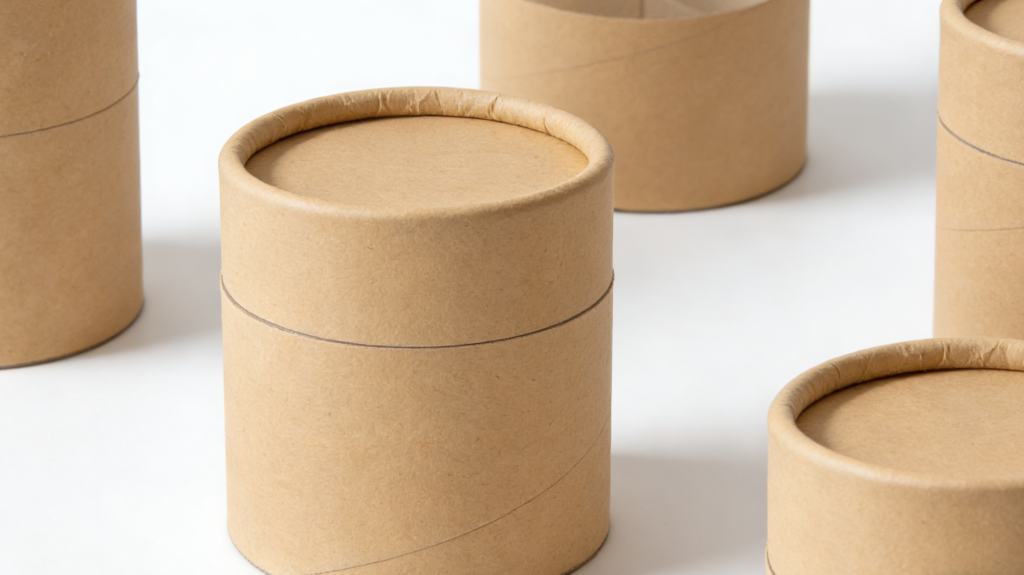 Exploded view of cosmetic paper tube showing lid, inner lining, and outer wrap layers