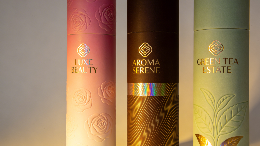 Custom paper tube packaging with foil stamping and embossing
